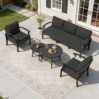 RTDTD Aluminum Outdoor Patio Furniture Set,5 Seats Patio Conversation Sets with 2 Round Coffee Tables,Metal Patio Sectional Furniture Set with 5.1" Thickened Cushions,Black