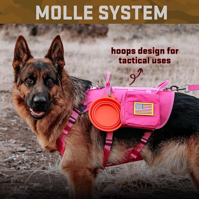 Forestpaw Pink Tactical Dog Harness for Large Dogs,Tactical Dog Collar with Bungee Leash Set,No Pull Military Dog Harness for Walking Training,Adjustable for Medium Large Dogs,Chest 27-40"