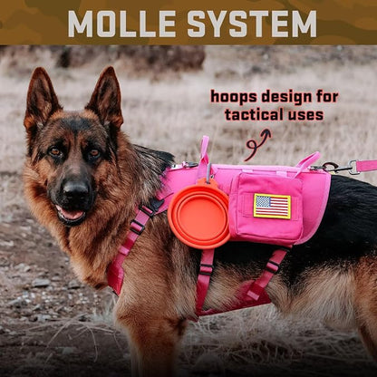 Forestpaw Pink Tactical Dog Harness for Large Dogs,Tactical Dog Collar with Bungee Leash Set,No Pull Military Dog Harness for Walking Training,Adjustable for Medium Large Dogs,Chest 27-40"