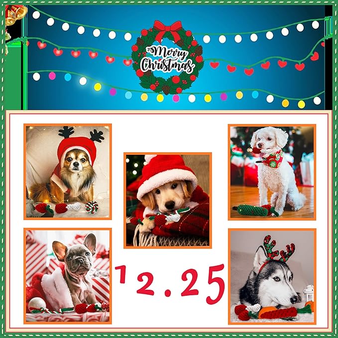 8 Pieces Christmas Dog Chew Toys, Santa Puppy Teething Chew Toys with Adorable Squeaky Toys, Training Ball, Christmas Storage Bag