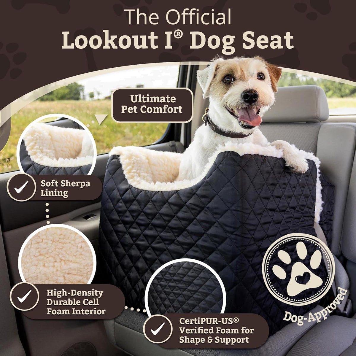 Snoozer Lookout I Car Seat - Dog Car Seats for Small Dogs, Puppy Booster Bed for Small Sized Pets up to 18 Lbs, Elevated, Washable - Size S, Black Quilted