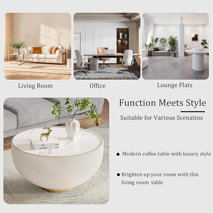 White Round Coffee Table with Sintered Stone Tabletop, 27.56" Drum Coffee Table with Fluted PU Leather Covered and Metal Base, Circle Cocktail Tea Table for Living Room