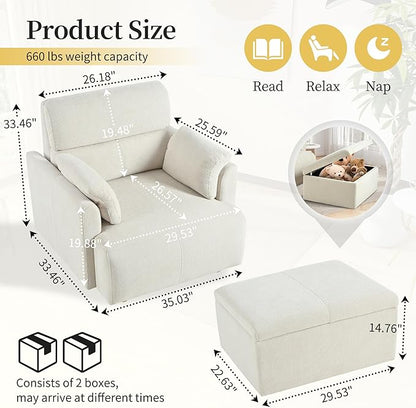 QKFF Modern Oversized Accent Chair with Storage Ottoman & Side Pillows, Snowflake Fleece Upholstered Chaise Lounge Chair, Deep Seat Reading Chair for Living Room, 350lbs Capacity