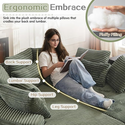 78-inch Oversized Round Chaise Lounge Chair Indoor, Convertible Folding Sofa Bed w/ 10 Pillows, Fluffy Corduroy Boneless Compressed Memory Foam Couch for Living Room, Bedroom (Green, Left & Right)