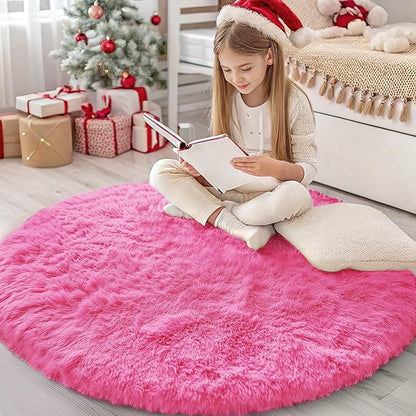 OLANLY Hot Pink Round Rugs for Bedroom - Machine Washable, 4 ft Circle Area Rugs for Living Room, Soft and Fluffy Shaggy Carpet for Teen Girls and Boys, Nursery Rooms, Dorms, Home Decor Aesthetic