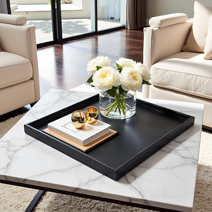 30 * 30 inches Luxury Leather Square Oversized Service Tray, Ottoman & Coffee Tray for Family Dinner, Out-of-House Picnic & Party (30 inch Black)