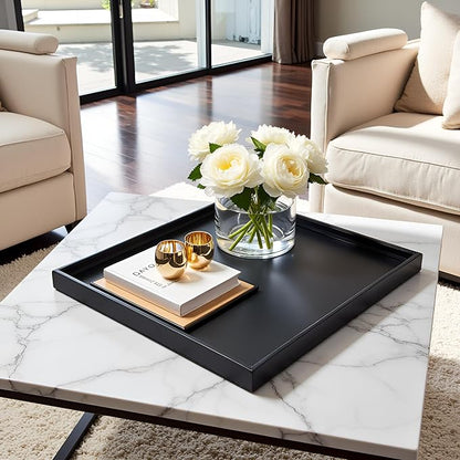 30 * 30 inches Luxury Leather Square Oversized Service Tray, Ottoman & Coffee Tray for Family Dinner, Out-of-House Picnic & Party (30 inch Black)