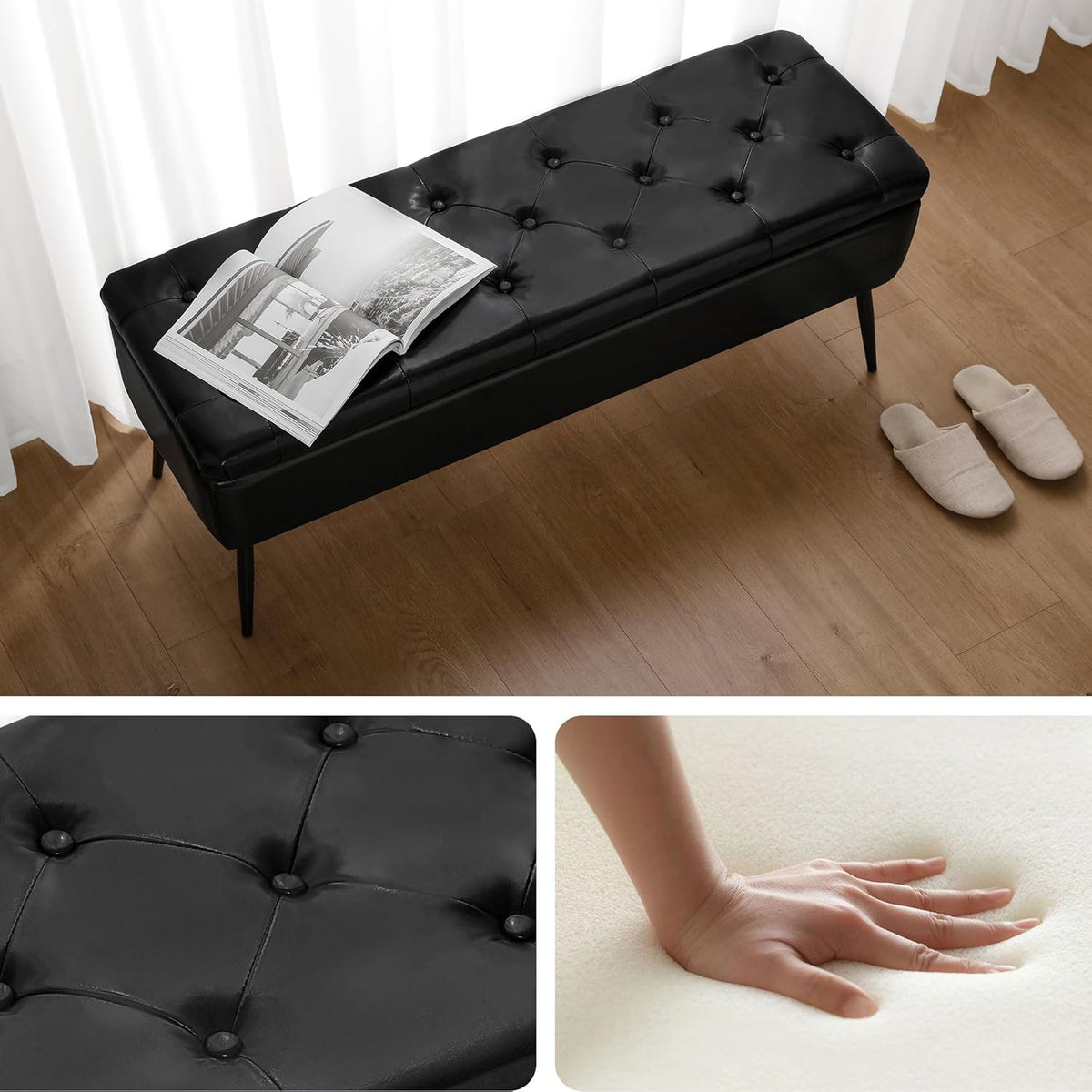 Leather Storage Ottoman Bench,End of Bed Bench for Living Room Bedroom Dinning Room Entryway,Mid-Century Modern,Faux Leather,with Steel Legs,Safety Hinges, Loads 660 lb (with Button, Black)