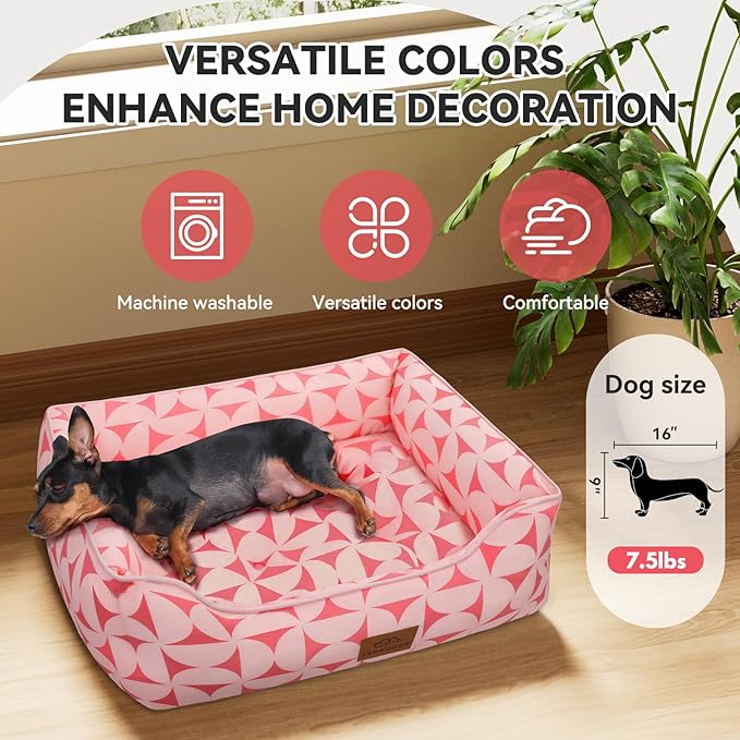 Rectangle Cat Dog Bed for Large Medium Small Pets Indoor Outdoor Machine Washable Sleeping Sofa Non-Slip Bottom Soft Puppy Bed Durable Orthopedic Calming Pet Cuddler (Medium, Pink Pattern)