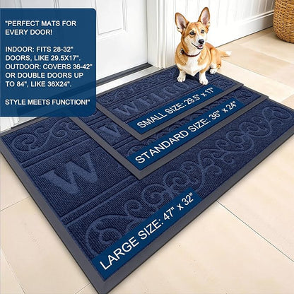 OLANLY Welcome Door Mat Indoor Outdoor Entrance, Heavy Duty Sturdy Front Door Mat, Waterproof All-Weather Doormat, Stain Resistant, Low Profile, Easy Clean Patio Entryway Mat, 47 x 32, Navy Blue