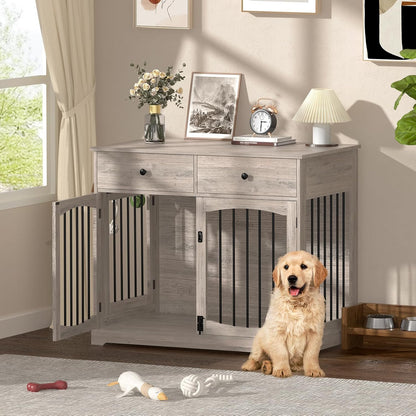 40 Inch Furniture-Style Dog Crate-Multipurpose Wood Pet Crate Furniture with Double Doors,2 Drawers, Decorative Dog House Indoor for Smal/Medium Dogs, Gray Finish