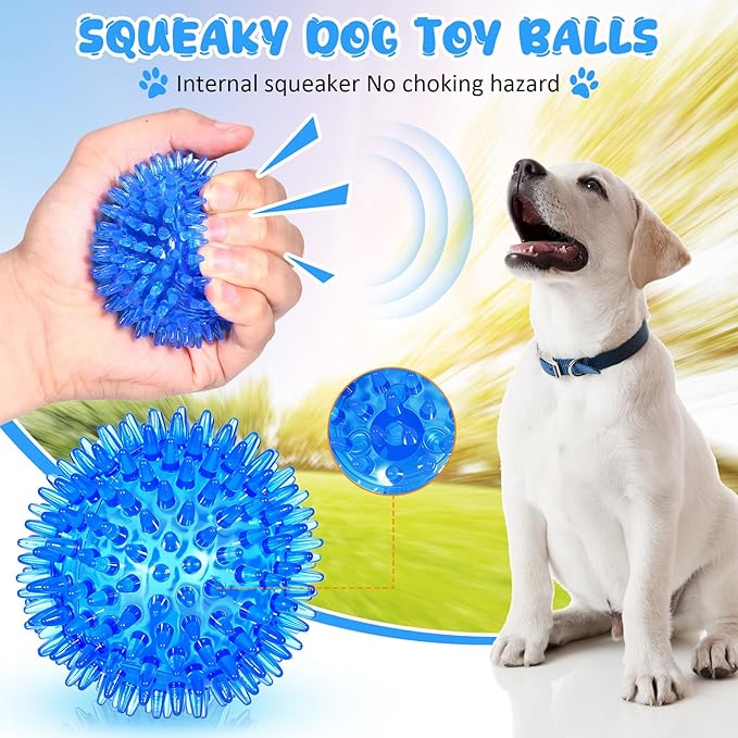 24 Pack Squeaky Dog Toys Balls 2.56'' Spiky Dog Balls Floating Pool TPR Puppy Fetch Chew Toy for Small Medium Doggy Aggressive Chewers Clean Teeth Training(Blue, Green, Orange, Purple, Red, Yellow)