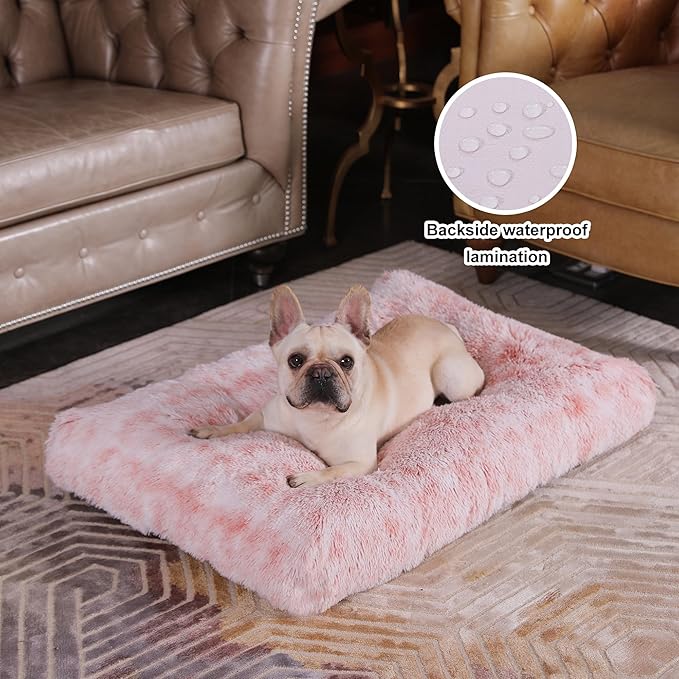Bedfolks Plush Waterproof Dog Crate Bed with Removable Washable Cover,Faux Fur Kennel Pad for Medium Dogs,29"x21",Pink