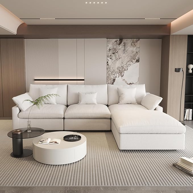 WJShome 120" Cloud Couch Sectional for Living Room, L Shape Down Filled Modular Sectional Sofa,Convertible Couch with Ottoman, Sofa Covers Washable&Replaceable,White