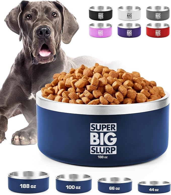 Tuff Pupper Heavy Duty Insulated Dog Bowl | Double Wall Stainless Steel Dog Food Dish | Non-Slip Spill Proof Dishwasher Safe Cat Bowl | Water Dish for Feeding Large Medium Small Pets (188oz, Blue)