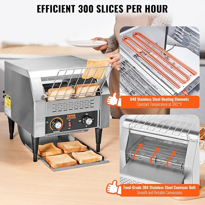 VEVOR Commercial Conveyor Toaster, 300 Slices/Hour, Heavy Duty Stainless Steel