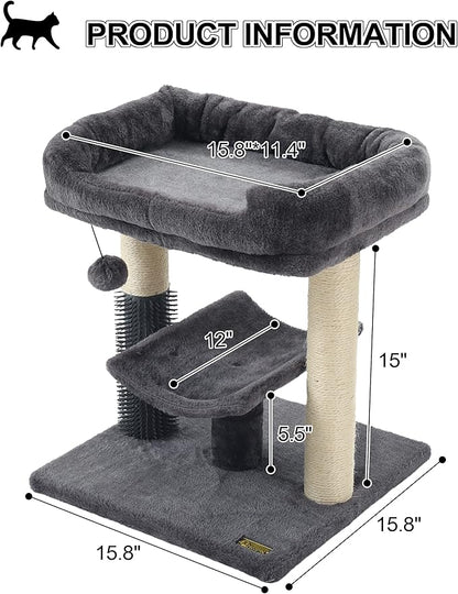 Hoopet 20-Inch Cat Tree Tower, Small Cat Scratching Post for Indoor Cats and Kittens, Sisal Cat Scratcher with Plush Bed Perch, Self Groomer and Hanging Toy Ball, Smoky Grey