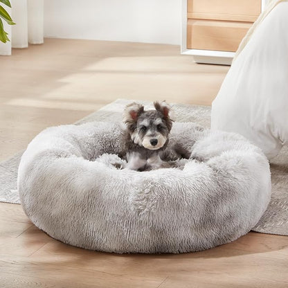 Western Home Calming Donut Small Dog Cat Bed Washable Puppy Bed,24" | Fluffy Faux Fur Round Cuddler,Anti-Anxiety,Anti-Slip Bottom,Pet Beds for Puppy&Small Dog&Large Cat,Up to 25 LBS White Grey