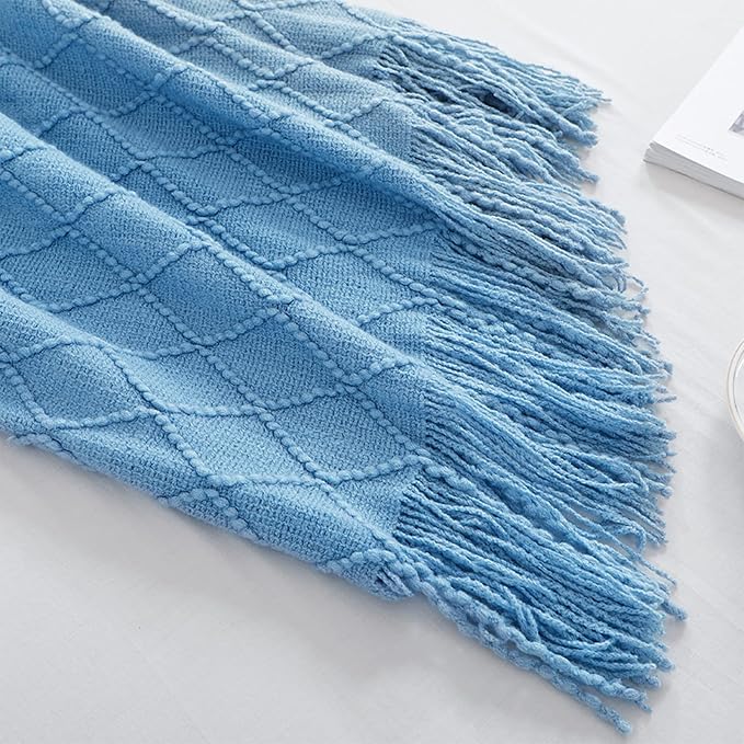 BOURINA Blue Throw Blanket 50x60 Inches Throw Textured Solid Soft Sofa Couch Decorative Knit Blanket
