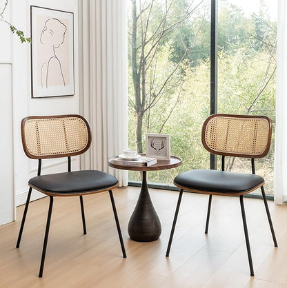 HOCEWI Rattan Dining Chairs Set of 2, Mid Century Modern Dining Chairs with Cane Back for Kitchen Dining Room, 19 Inch Faux Leather Black
