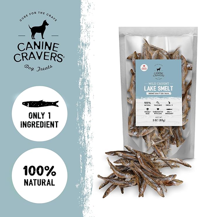Canine Cravers Single Ingredient Dog Treats – Wild Caught Lake Smelt - Human Grade Air Dried Hypoallergenic Pet Food – Grain, Gluten, and Soy Free – 100% All Natural – 3 oz