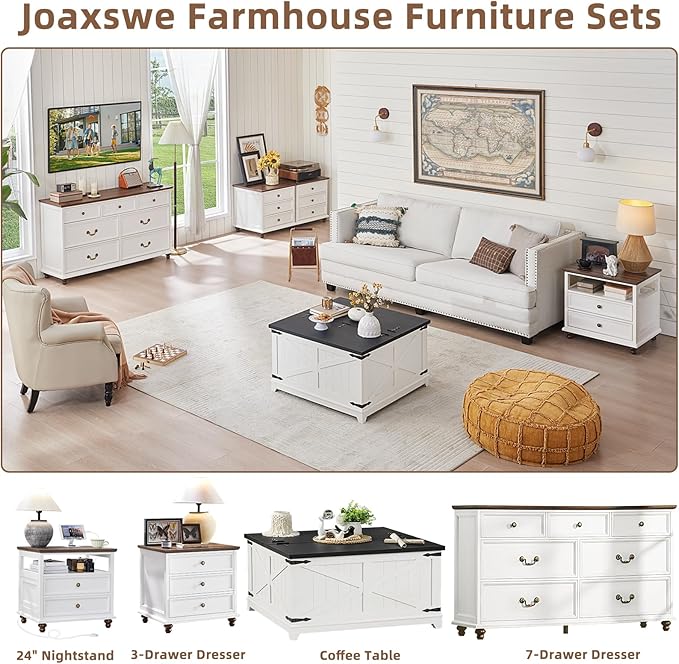24" Wide Farmhouse Nightstand Set of 2, 54" 7 Drawers Dresser, 37" Tall Rustic Chests of Drawers w/ 4 Solid Wood Feet, Farmhouse Furniture Series for Living Room,Bedroom,White