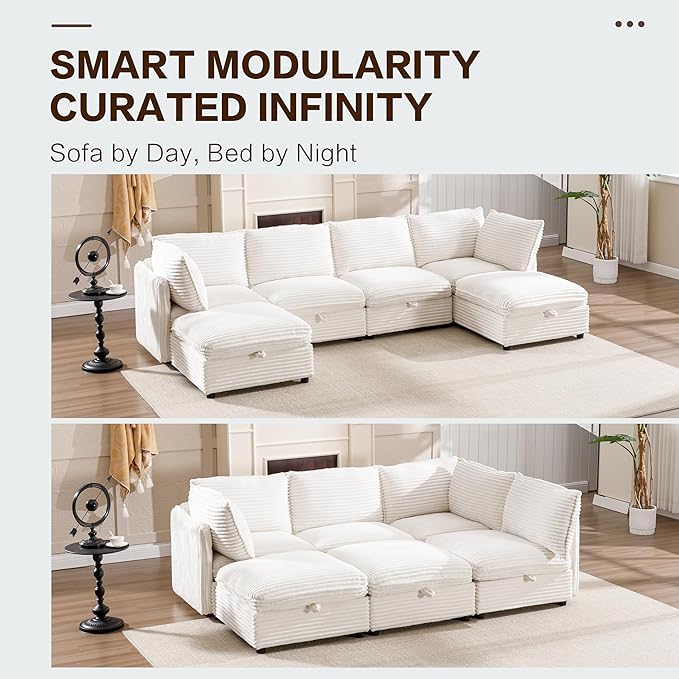125" Oversized Modular 6 Seater Sofa with Removable Covers and Storage, Convertible U, L-Shaped and Sleeper Sectional, Modern Corduroy Couches with Ottoman Chaise for Living Room, Apartment, White