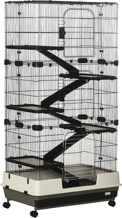 PawHut 59.5" Small Animal Cage with Wheels, 6-Level Portable Bunny Cage, Chinchilla Ferret Cage with Removable Tray, Platform and Ramp