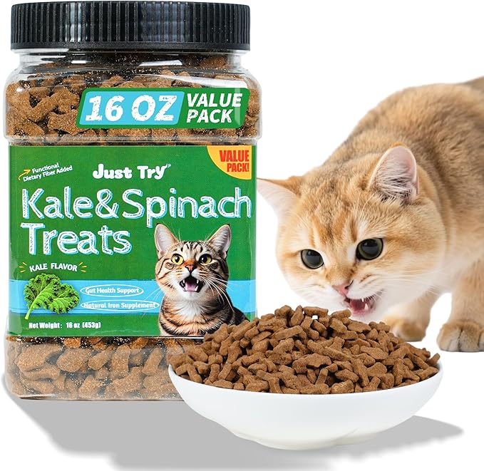 Just Try 16 OZ Kale & Spinach Cat Treats for Indoor Cats, Gluten Free, Low-Calorie Healthy Cat Snacks, Plant-Based Fiber-Rich Natural Chicken Flavor Training Treats