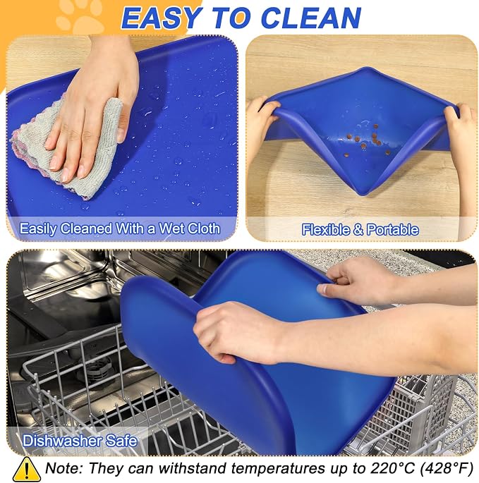 SMILOOL Waterproof Silicone Pet Food Mat with Raised Edge for Dog & Cat | 24" x 16" Non-Slip Pet Feeding Mats with Lip for Food & Water Bowl, Food Grade, Easy Cleaning, Navy Blue