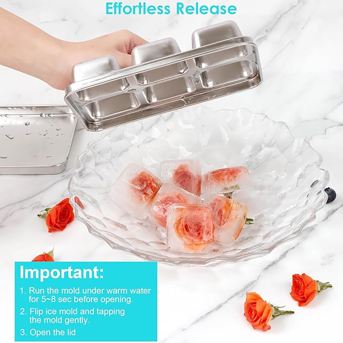 Ice Cube Tray with Lid, 2 Pack 12 Big Cubes, Stainless Steel Ice Cube Trays