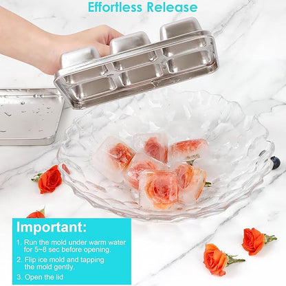 Ice Cube Tray with Lid, 2 Pack 12 Big Cubes, Stainless Steel Ice Cube Trays