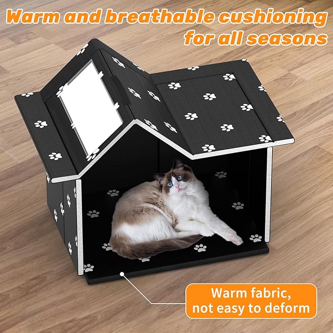 Outdoor Cat House Weatherproof, Large Feral Cat House for Winter, Collapsible Outdoor Cats Shelter in Winter with Door and Soft Mat, Easy to Assemble (Black)