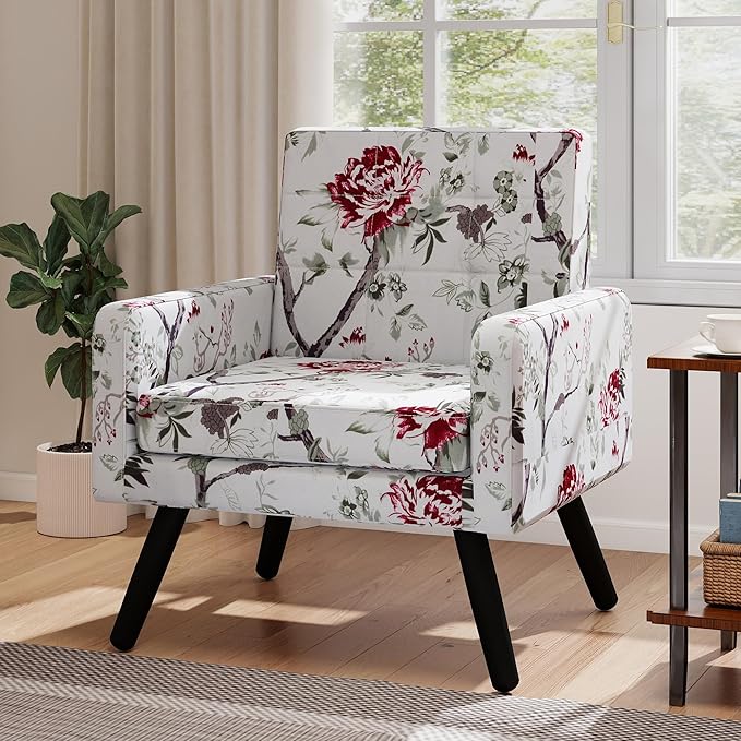 Kromax Mid-Century Modern Accent Chair for Living Room, 496 Lb. Weight Capacity, Dual Armrests, Comfy Extra Large Seat, Timeless Style Perfect for Reading & Relaxing, Red Floral