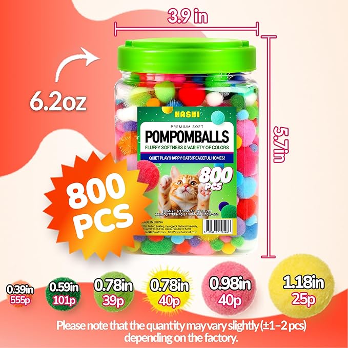 HA SHI Cat Toy Balls – 800-Pack Pom Pom Balls, Soft, Bouncy, Sparkle, Multi-Color & Mixed Sizes, No-Bell Toys for Indoor Cats & Kittens, Great for Quiet Night Play & Small Spaces