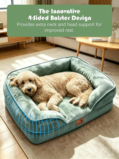 Spotted Play Orthopedic Dog Bed with Sides - Sofa Beds for Large Dogs, Supportive Foam Pet Couch Bed with Washable Removable Cover, Waterproof Lining and Non-Slip Bottom, Green - L-Plus