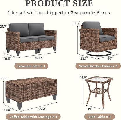 UDPATIO Patio Furniture Set, 5 Pieces Outdoor Furniture Sets with Rocking Swivel Chairs, Wicker Rattan Outdoor Conversation Set with Storage Table and Waterproof Covers for Backyard, Deck, Porch, Grey