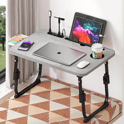Laptop Desk for Bed Height Adjustable, Lap Bed Table with USB/Storage Drawer/Cup Holder/Tablet Stand/Book Shelf, Foldable Breakfast Tray Portable for Reading Writing, Sofa & Floor, Light Stone Texture