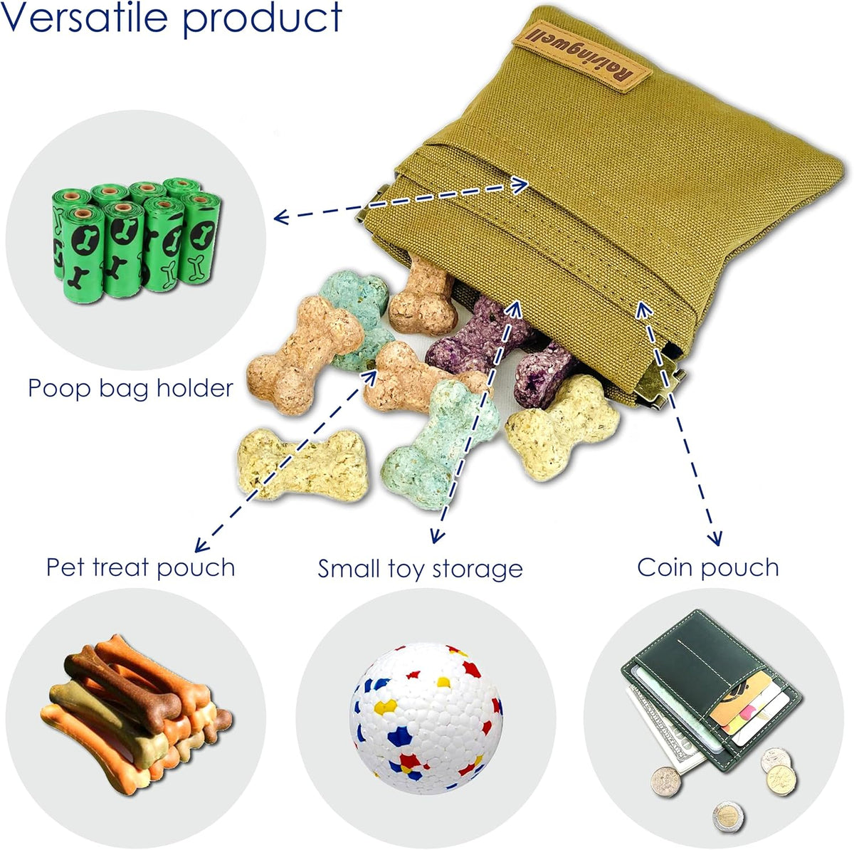 Dog Treat Pouch, Brown Pocket Sized Pet Training Pouch, Cotton Fabric, Hand Free Dog Walking Bag with Carabiner, Self-Closing Pet Feed Snack Reward, for Puppy Travel or Outdoor Use