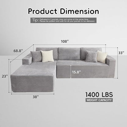 108" Boneless Couches for Living Room, Modular Sectional Sofa with Oversized Chaise, L-Shape Cloud Couch with Deep Seat, High-Density Memory Foam, No Assembly Required, Plush Corduroy Grey