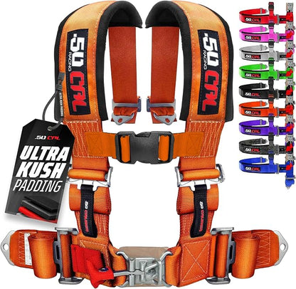 1pc 50 Cal Orange 4 Point Harness 2" straps, Racing Harness Seat Belt | Ultra Kush padding, Push Button quick release hardware. Universal Fit for UTV, RZR, race car