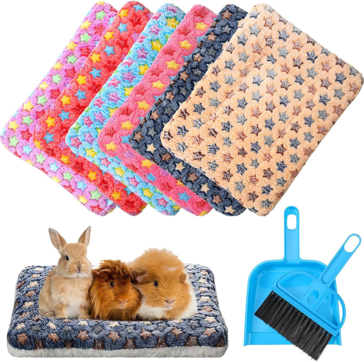 Yulejo 6 Pieces Guinea Pig Bed Mats with Cleaning Dustpan Brush Washable Plush Cage Lines Soft Fleece Sleeping Bedding Pads for Hamster Bunny Chinchilla Squirrel Small Animals (Cool Color, Star)