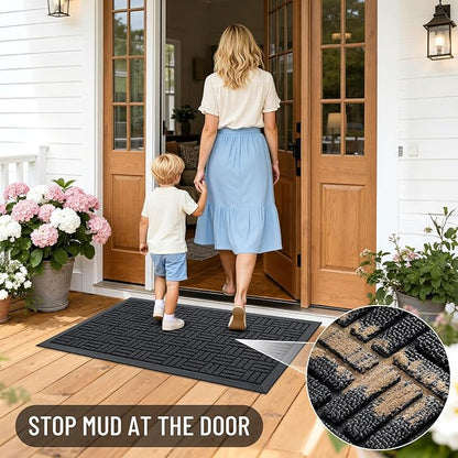 OLANLY Front Door Mat Outside Entrance 29.5x17, Absorbent, Heavy Duty Sturdy Natural Rubber Doormat Indoor Outdoor, Stain and Fade Resistant, Non-Slip Backing Low Profile Floor Mat for Entryway, Black