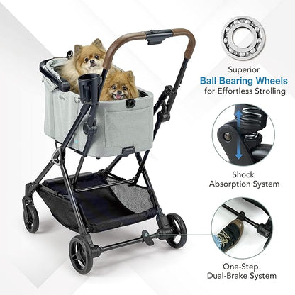 ibiyaya Tinker Pet Stroller for Small Dogs and Cats – 3-in-1 Pet Carrier, Dual-Opening Canopy, No-Flat Wheels, Vegan Leather Handle, Large Storage Basket (Sage Green)