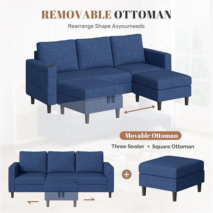 Upholstered Sectional Sofa and Couches, 78'' L Shaped 3-seat Sofa forLiving Room, Apartment, Lounge,Bedroom-Washable Covers Convertible Sofas(Linen Fabric,Blue)