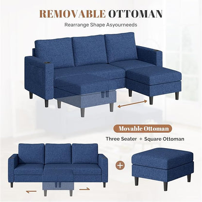 Upholstered Sectional Sofa and Couches, 78'' L Shaped 3-seat Sofa forLiving Room, Apartment, Lounge,Bedroom-Washable Covers Convertible Sofas(Linen Fabric,Blue)