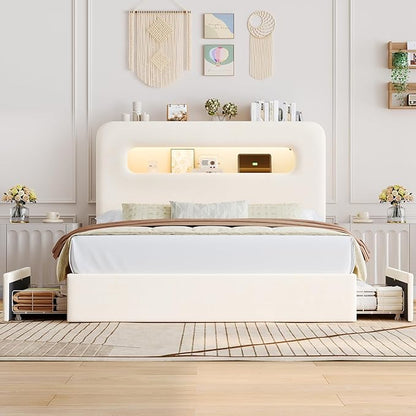 HOSTACK Full LED Bed Frame with Storage Headboard and Charging Station, Kids Bed Frame with 4 Drawers and USB Ports, Velvet Upholstered Platform Bed Frame with Bookcase, No Box Spring Needed, Cream