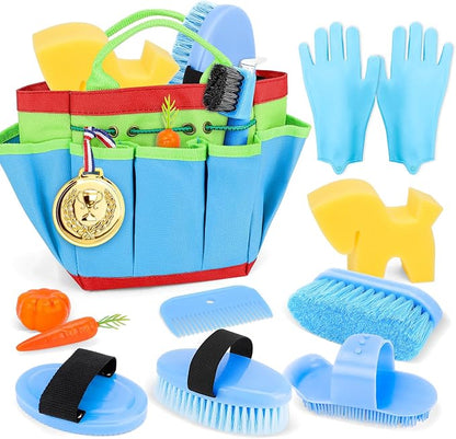 deAO Horse Grooming Brush Kit 12Pcs Horse Tack with Tote Bag,Care Tool,Blue | Realistic Horse Cleaning Playset,Includes Gloves,Tail Comb,Body Brush,Gift for Horse Riders Beginners,for Boys Girls Ages3+