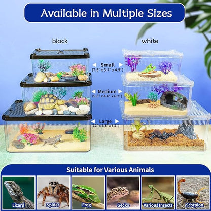 High-Transparency Reptile & Insect Enclosure Terrarium with Magnetic Door, Excellent Ventilation, Easy Cleaning, and Strong, Long-Lasting Build for Cricket,Frog,Gecko, Tarantula, Hermit Crab Black,7.5