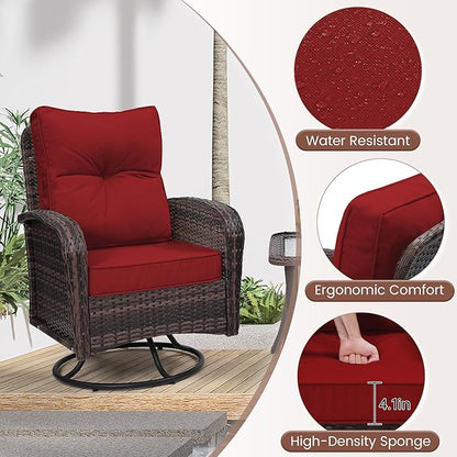 wildformers Luxury Outdoor Swivel Wicker Glider Patio Chairs with Table Set, Overstuffed Washable Cushions, Ideal for Porch, Balcony, Deck, Brown Rattan and Red Cushion